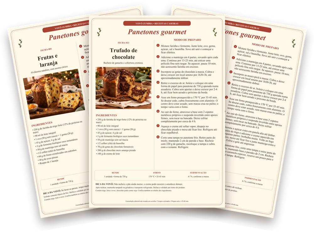 Fichas de receita de panetone gourmet da Vovó Zumira