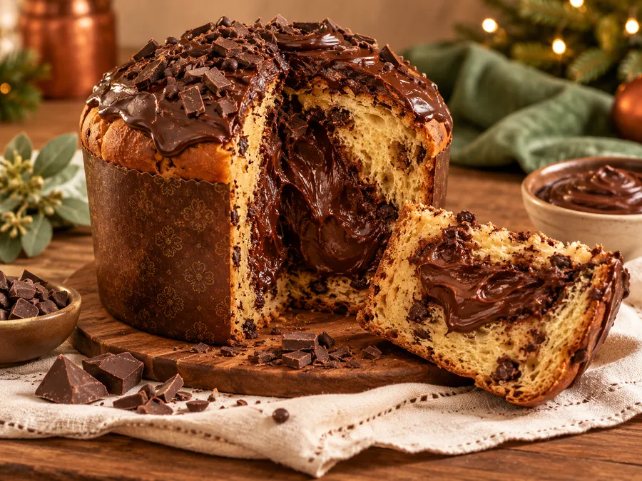 Panetone trufado de chocolate cortado, com recheio cremoso